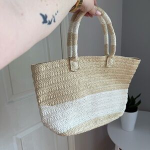 Natural straw beach tote bag with cream stripe